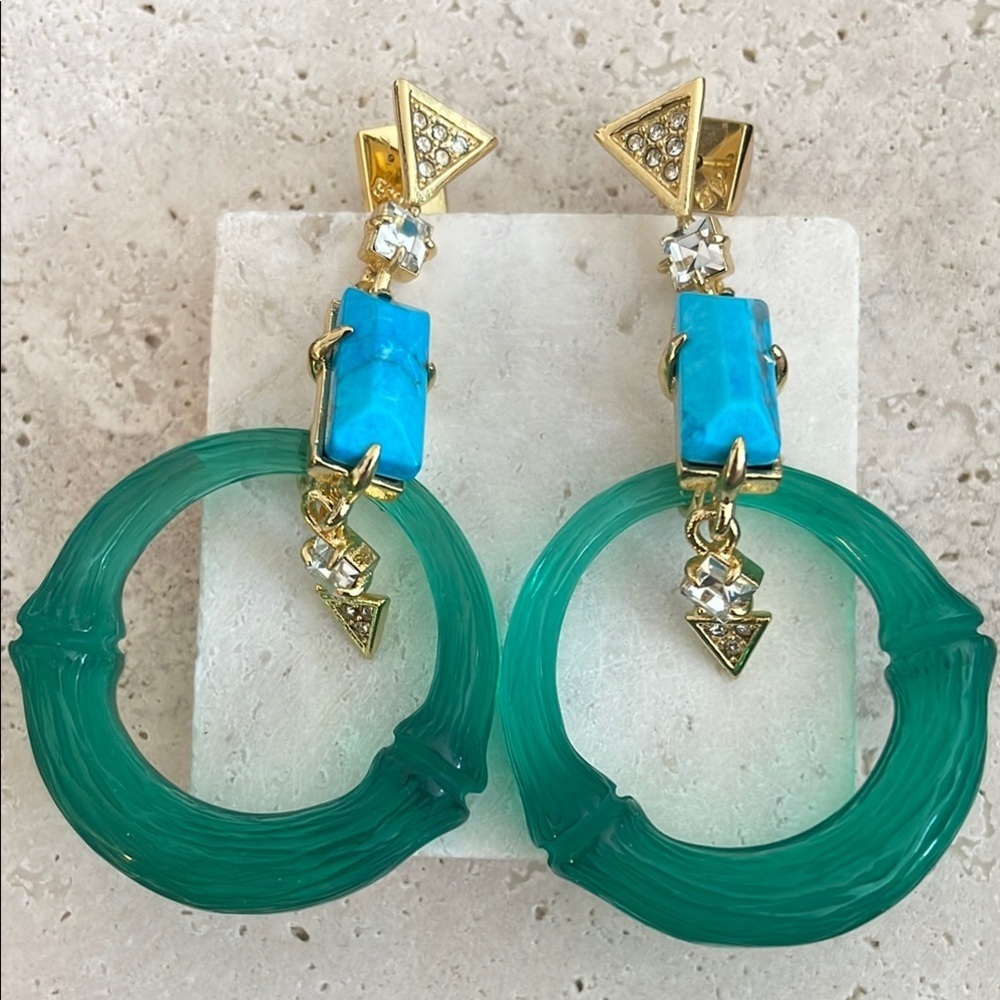 Alexis Bittar Lucite Turquoise Green Hoop Statement Earrings Gold Geometric Dang